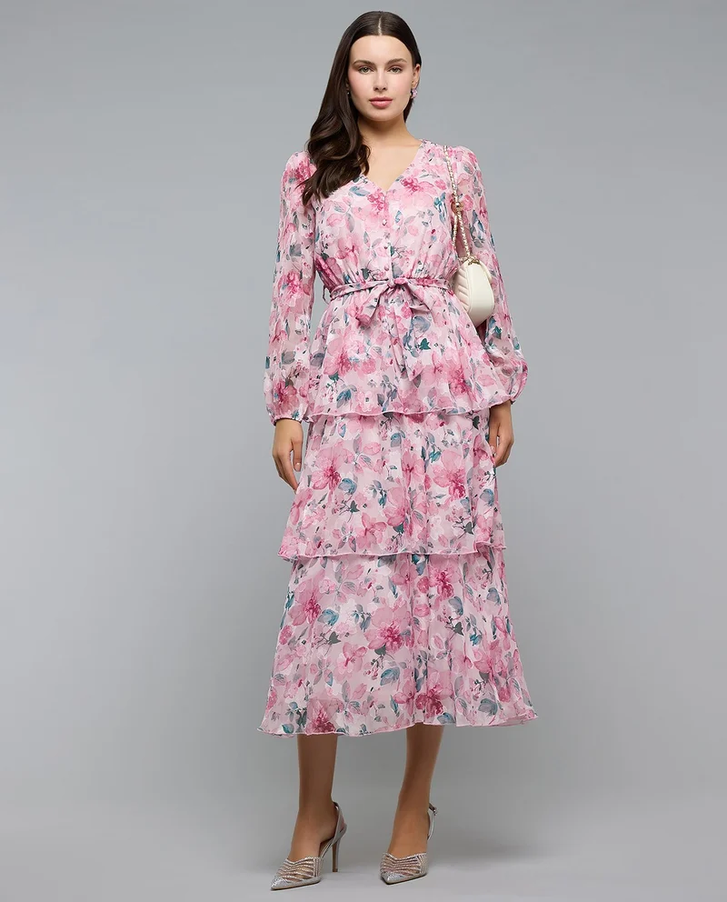 R&B Floral Patterned Midi Dress with V-Neck and Long Sleeves