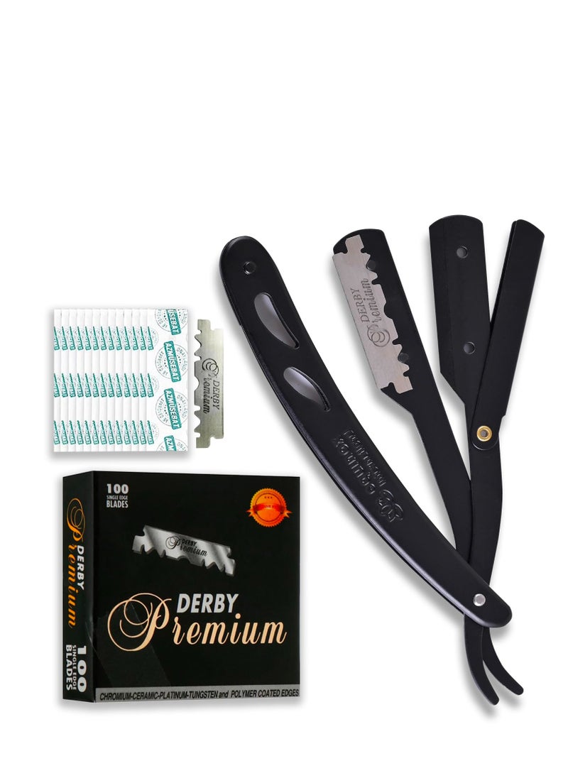 Derby - Straight Edge Razor with 100 Single Derby Straight Razor Blades-Barber Straight Razor-Close Shaving Manual Shaver-Disposable Straight Razor Blades (Matte Black Razor w/Black 100 Derby Blades) - Image 1