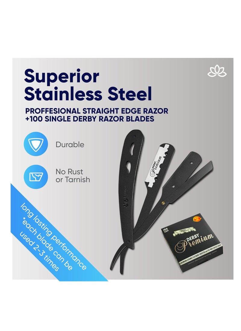 Derby - Straight Edge Razor with 100 Single Derby Straight Razor Blades-Barber Straight Razor-Close Shaving Manual Shaver-Disposable Straight Razor Blades (Matte Black Razor w/Black 100 Derby Blades) - Image 1