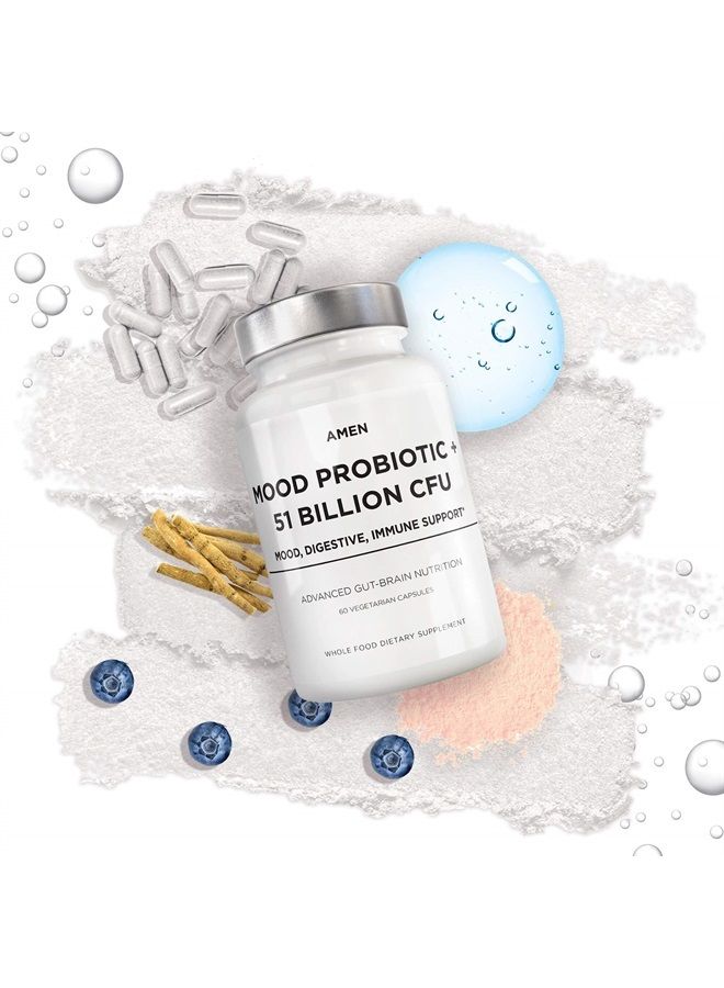 Amen Mood Probiotic Supplement 51 Billion CFU - Organic Prebiotics and Probiotics - Acidophilus Probiotic Pills, Fibers - Mood Organic Ashwagandha, Blueberries - Vegan & Non-GMO - 60 Capsules - Image 3