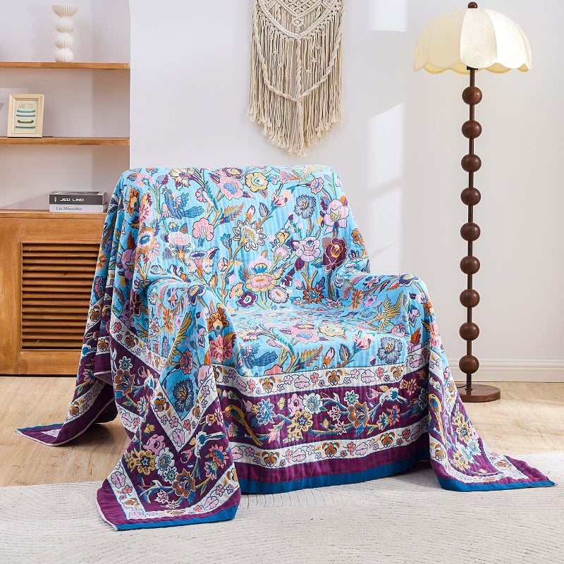 XIBLC Fall Blanket for Bed, 100% Cotton Soft Rustic Boho Throw Blanket Quilt, 60"x80" Farmhouse Decor Bed Flower Blankets, Light Weight Reversible Bohemian Throw Quilt - Image 2