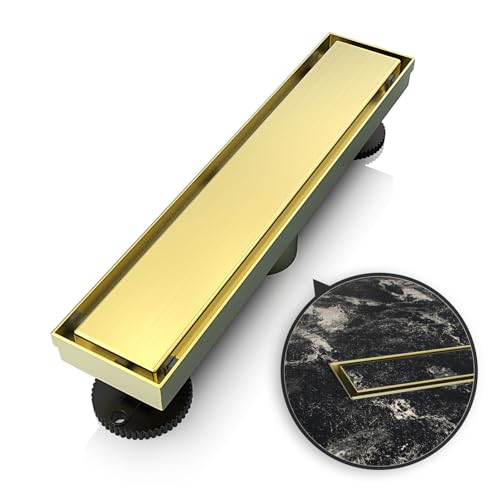 WEBANG 12 Inch Linear Shower Drain Rectangular Floor Drain with Accessories Reversible 2-in-1 Cover Tile Insert Grate Removable SUS304 Stainless Steel CUPC Certified Brushed Gold - Image 1