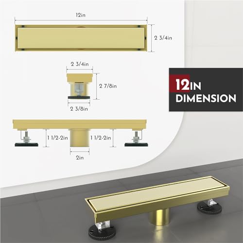 WEBANG 12 Inch Linear Shower Drain Rectangular Floor Drain with Accessories Reversible 2-in-1 Cover Tile Insert Grate Removable SUS304 Stainless Steel CUPC Certified Brushed Gold - Image 2