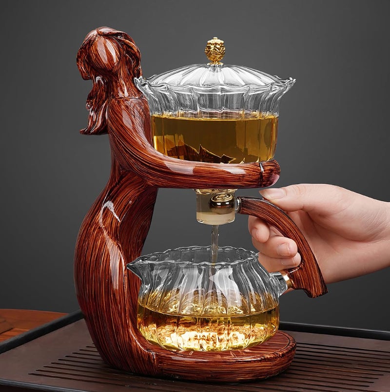 CUNHUY Lazy Kungfu Drip TeaPot Heat Resistant Tea Set SemiAutomatic Glass Teapot Suit for Magnetic Water Flow Wooden Glass Teapot Set with Cups Red Maiden