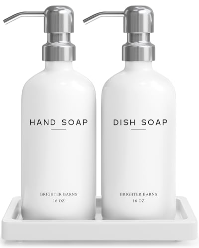 Brighter Barns White Glass Hand and Dish Soap Dispenser Set by Brighter Barns - Kitchen Soap Dispenser Set with Tray & Pump for Office, Hotel, Vacation Rental, Airbnb - Modern Kitchen Decor & Accessories (White) - Image 1