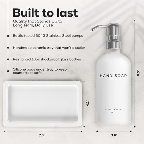 Brighter Barns White Glass Hand and Dish Soap Dispenser Set by Brighter Barns - Kitchen Soap Dispenser Set with Tray & Pump for Office, Hotel, Vacation Rental, Airbnb - Modern Kitchen Decor & Accessories (White) - Image 3