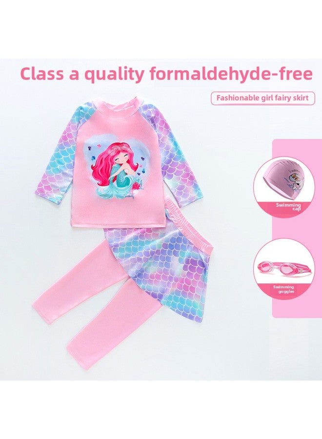 Loquat Children's Swimsuit Girls Split Two-piece Long Sleeve Swimsuit Mermaid Children's Clothing Swimsuit Wholesale-Color:Light Powder-NT11556 (swimsuit Cap Goggles)- - Image 1