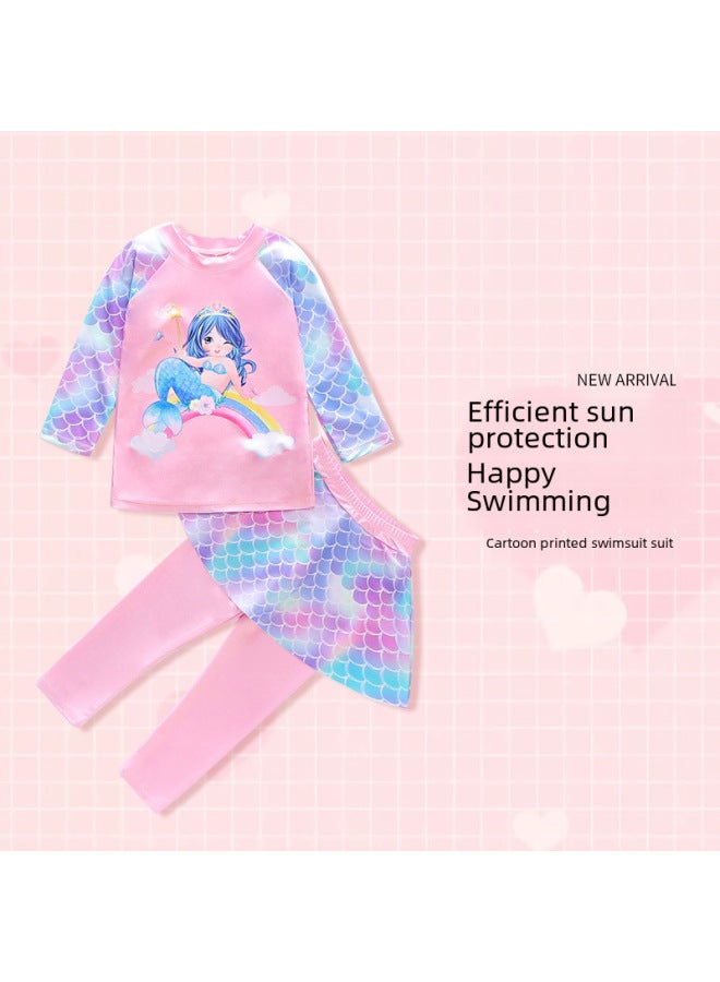 Loquat Children's Swimsuit Girls Split Two-piece Long Sleeve Swimsuit Mermaid Children's Clothing Swimsuit Wholesale-Color:Light Powder-NT11556 (swimsuit Cap Goggles)- - Image 4