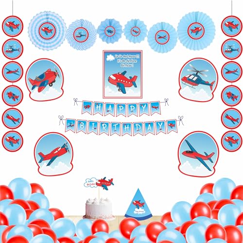 Untumble Aeroplane Birthday Decorations for Boys or Girls | Perfect Aeroplane Theme Decorations with Happy Birthday Banner, Plane Posters, Paper Fans, Balloons & Cake Topper | Pack of 56 - Image 1