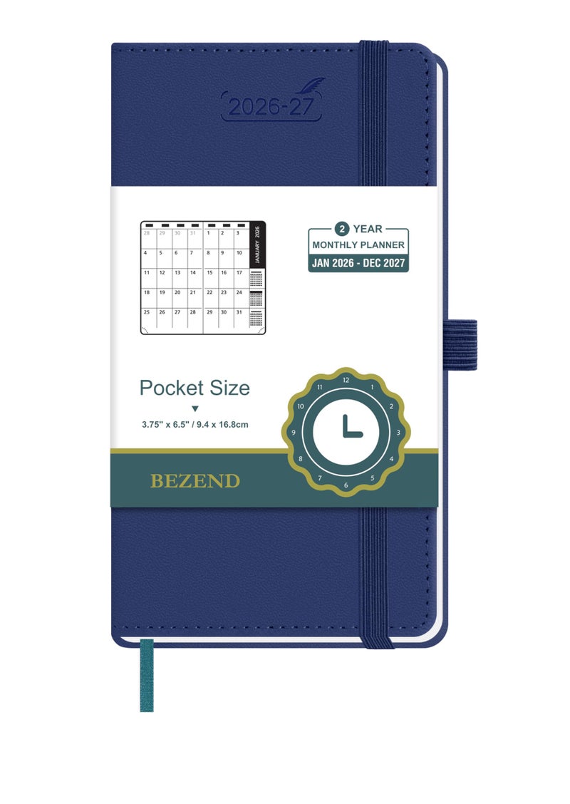 BEZEND Pocket Monthly Planner 2026-2027 (3.5" x 6.5") 2 Year Calendar Book for Purse with Note Pages, 100 GSM Paper, Inner Pocket, Pen Holder, Vegan Leather Hardcover in Blueberry - Image 1