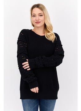 INC Women Crew Neck Long Sleeves Knitted Sweater, Black  - Image 1