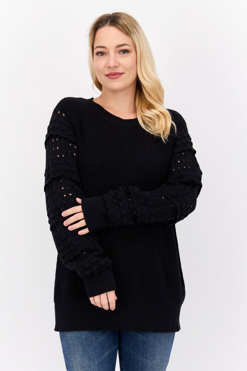 INC Women Crew Neck Long Sleeves Knitted Sweater, Black - Image 1