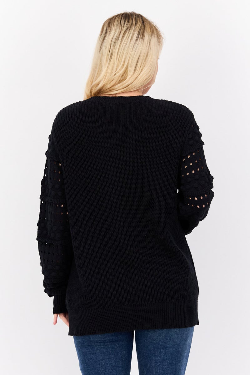 INC Women Crew Neck Long Sleeves Knitted Sweater, Black - Image 2