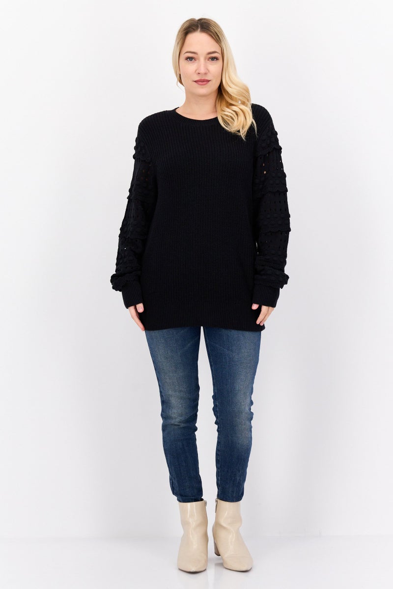 INC Women Crew Neck Long Sleeves Knitted Sweater, Black - Image 3