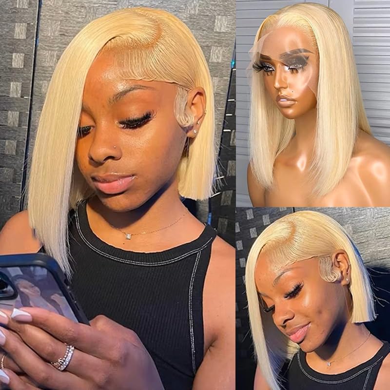 613 Bob Wigs 13x4 HD Lace Front Blonde Human Hair Silky Straight Middle Part Bob Wigs Bleached Knots Glueless 180 Density 613 Blonde with Natural Hairline 12 Inch for WomenTake Color Well