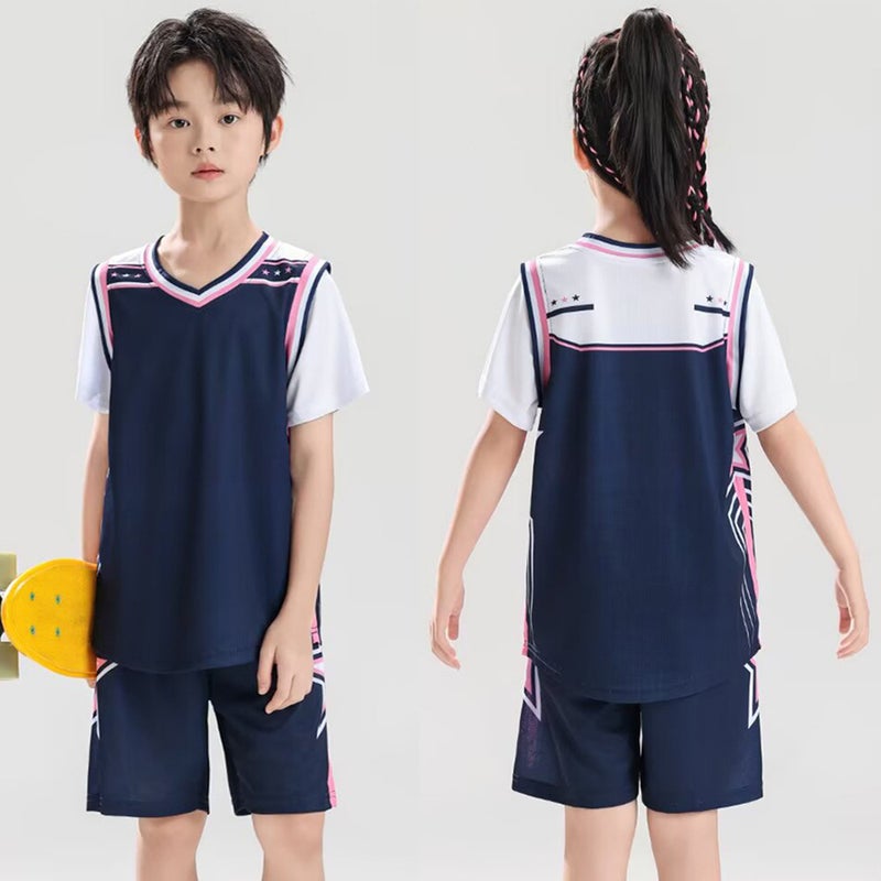 Children'S Basketball Uniform Short-Sleeved Suit Boys And Girls Fake Two-Piece Jersey Student Class Uniform Game Training Team Uniform Printed Number - Image 1