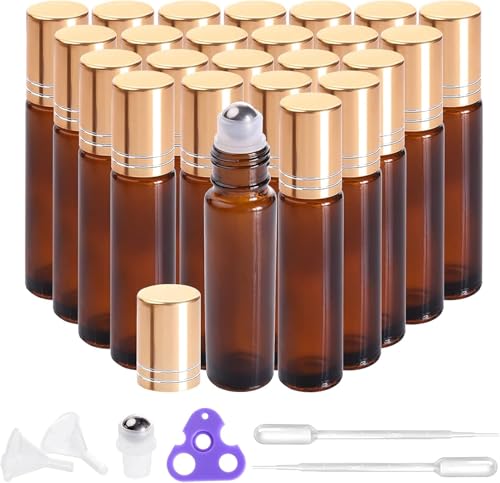 PrettyCare 24 Pack 10 ml Essential Oil Roller Bottles with Stainless Steel Roller Ball Refillable Leakproof Empty Thick Amber Glass Roll on Bottles with Metal Caps for Travel Perfume