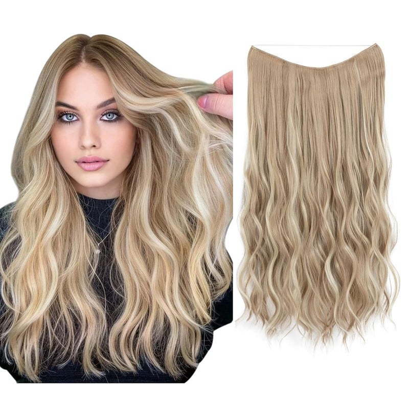 SARLA SARLA Invisible Wire Hair Extension with 3 Clips Synthetic Long Beach Wave Hairpiece Transparent Adjustable Headband for Women 20 Inch Dirty Blonde