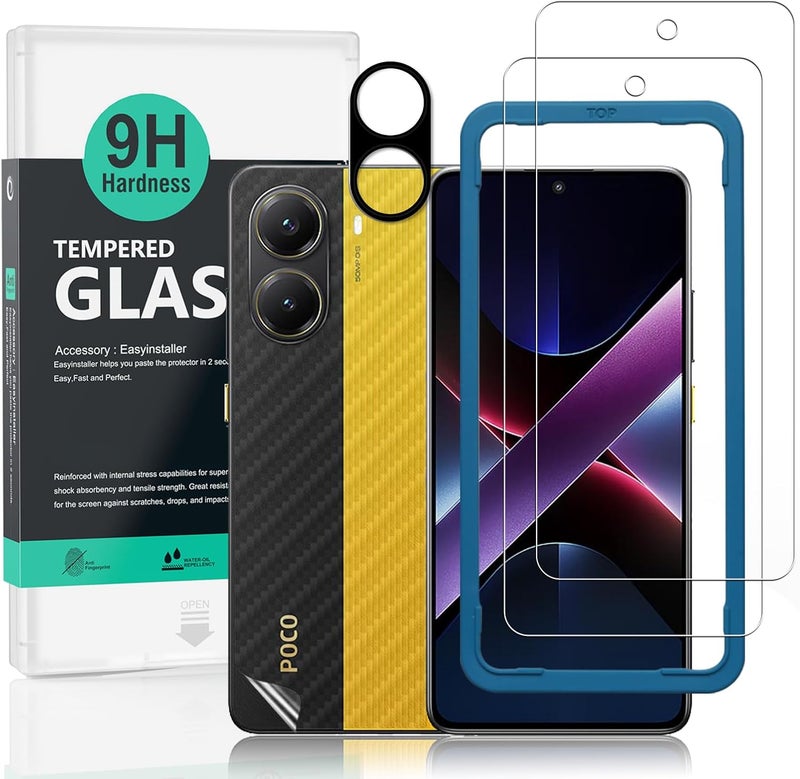 ايبيويند عبوة 2 قطعة واقي شاشة لـ Xiaomi Poco X7 Pro 5G 6.67 بوصة، زجاج مقسى بصلابة 9H، مع قطعة واحدة واقي عدسة الكاميرا، قطعة واحدة فيلم خلفي من ألياف الكربون، سهل التركيب، مقاوم للكسر، شفاف عالي الوضوح، متوافق مع الحافظة - Image 1
