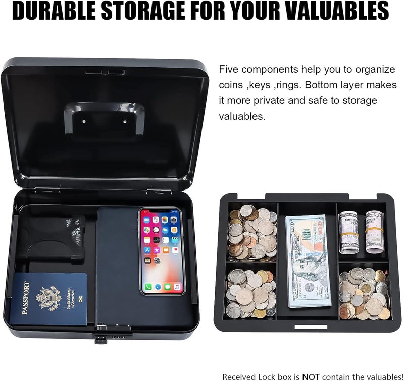 KYODOLED Metal Cash Box with Combination Lock Money Box for Cash Safe Metal Box with Money Tray for Security Lock Box 11.81"x 9.45"x 3.54" Black X Large - Image 5