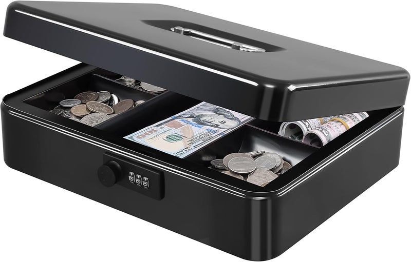 KYODOLED Metal Cash Box with Combination Lock Money Box for Cash Safe Metal Box with Money Tray for Security Lock Box 11.81"x 9.45"x 3.54" Black X Large - Image 1