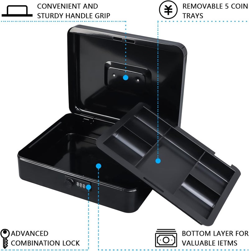 KYODOLED Metal Cash Box with Combination Lock Money Box for Cash Safe Metal Box with Money Tray for Security Lock Box 11.81"x 9.45"x 3.54" Black X Large - Image 3