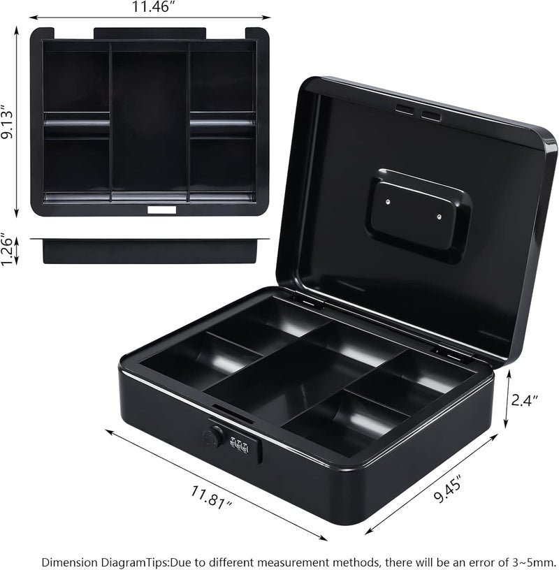 KYODOLED Metal Cash Box with Combination Lock Money Box for Cash Safe Metal Box with Money Tray for Security Lock Box 11.81"x 9.45"x 3.54" Black X Large - Image 4