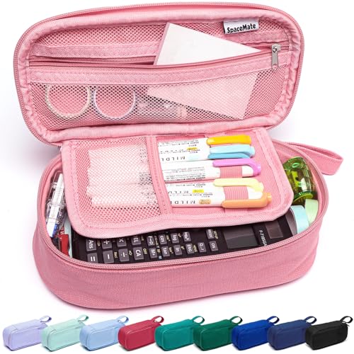 SPACEMATE Pencil Case Pouch Box Bag School Supplies Girls Boys Kids, Cute Preppy Stuff Large Big Capacity Aesthetic Pen Organizer, Back to College Stationary, Rosy Pink, Heavy Duty Canvas, 1800ml - Image 1