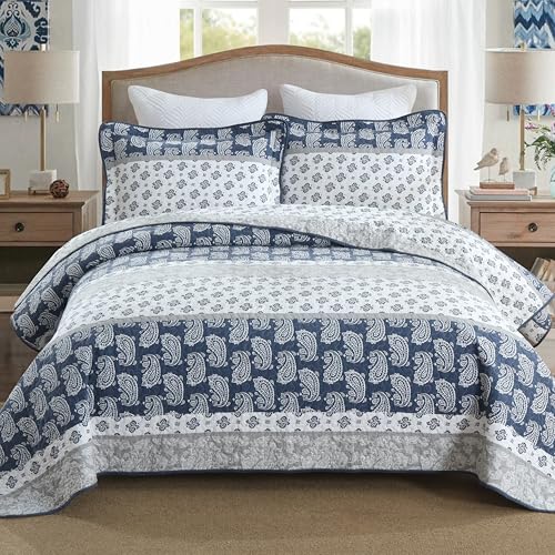 AJOCCI Quilt Bedding Set Queen Size,Paisley Comforter Set Queen Cotton Comforters Set Queen Size,Navy Blue Grey Quilts Bedspread, Farmhouse Lightweight Bedding All Season - Image 1