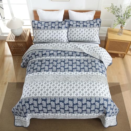 AJOCCI Quilt Bedding Set Queen Size,Paisley Comforter Set Queen Cotton Comforters Set Queen Size,Navy Blue Grey Quilts Bedspread, Farmhouse Lightweight Bedding All Season - Image 3