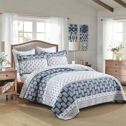 AJOCCI Quilt Bedding Set Queen Size,Paisley Comforter Set Queen Cotton Comforters Set Queen Size,Navy Blue Grey Quilts Bedspread, Farmhouse Lightweight Bedding All Season - Image 2