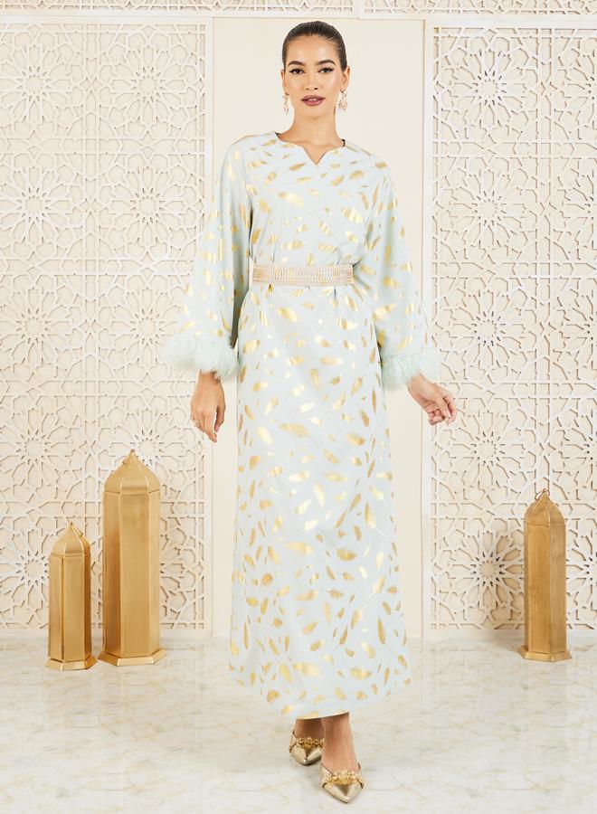 Styli Foil Print Faux Fur Trim Sleeves Jalabiya with Lace Belt - Image 1