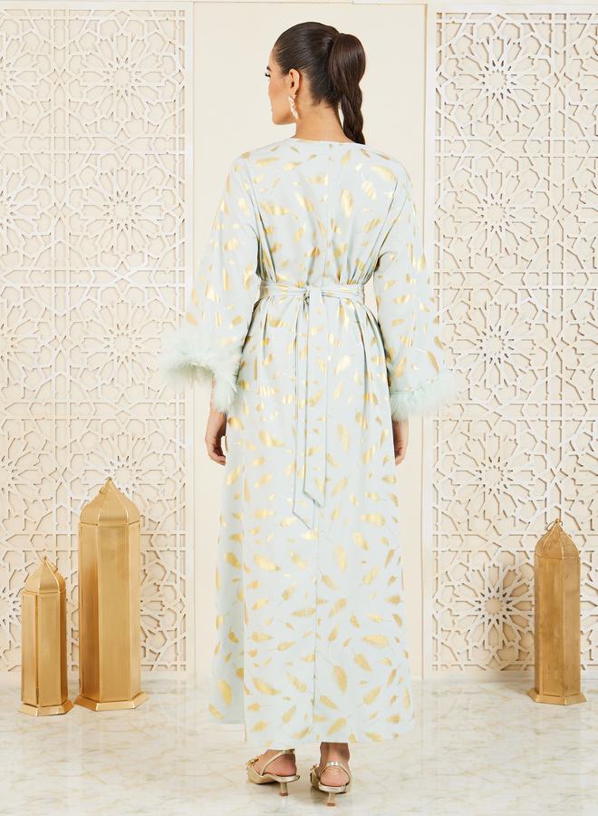 Styli Foil Print Faux Fur Trim Sleeves Jalabiya with Lace Belt - Image 4