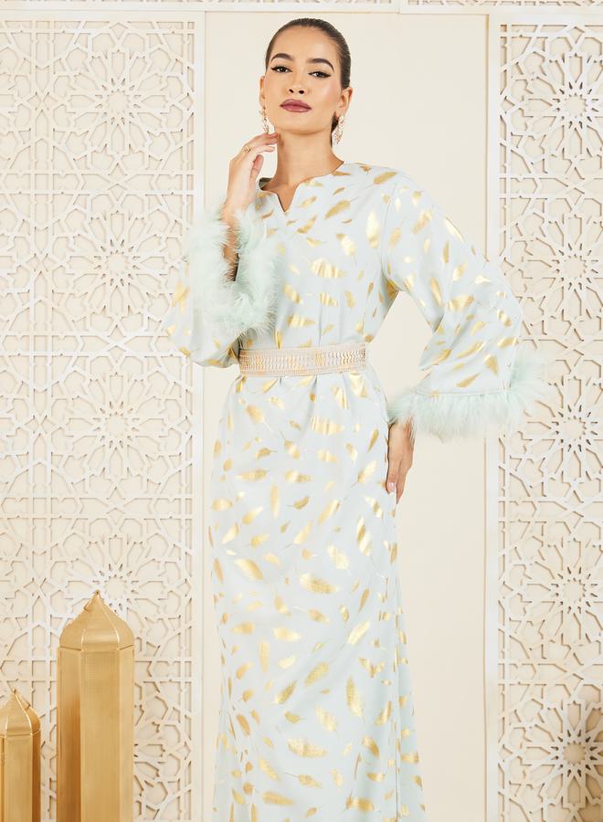 Styli Foil Print Faux Fur Trim Sleeves Jalabiya with Lace Belt - Image 2