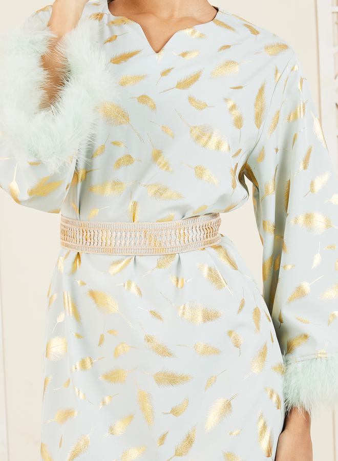 Styli Foil Print Faux Fur Trim Sleeves Jalabiya with Lace Belt - Image 3