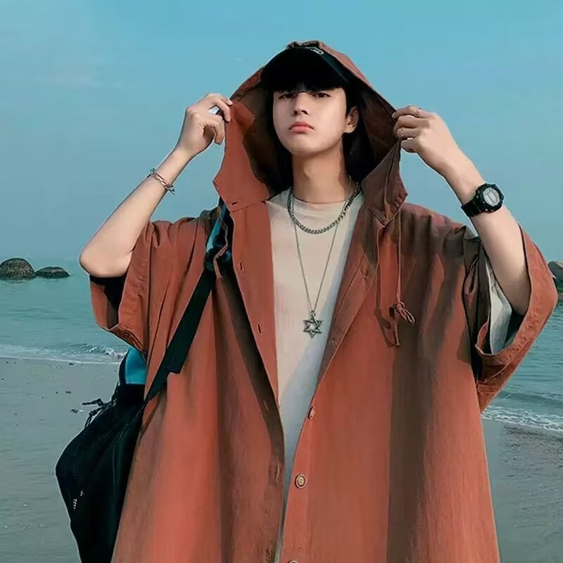 Unisex Hooded Sunscreen Shirt Loose Japanese Cityboy Orange