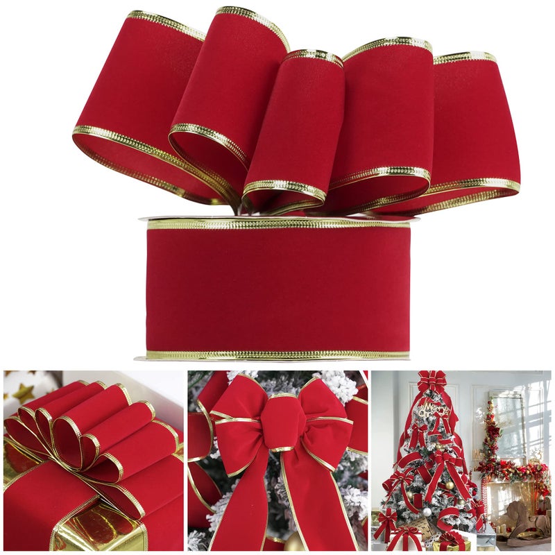 AIMUDI Red Velvet Ribbon for Christmas Tree 25 Inch Red and Gold Wired Christmas Ribbon for Gift Wrapping Wreaths Holiday Crafts Tree Topper Bows Home Decor 25 Yards