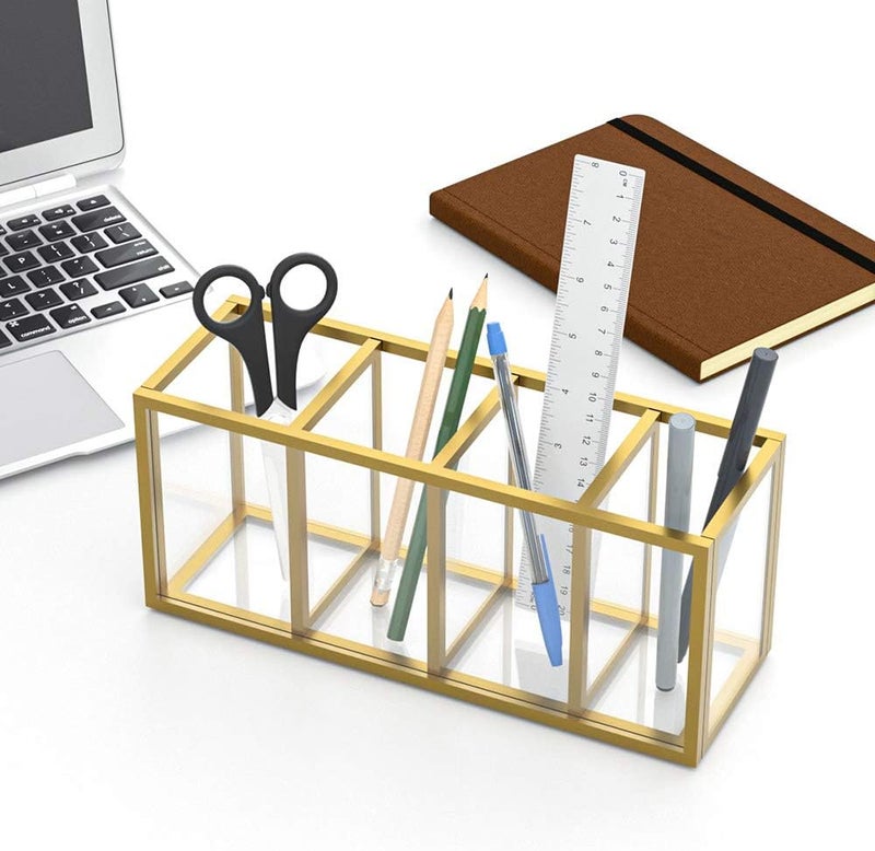 NIUBEE Acrylic Pen Holder 4 Compartments, Gold Copper Border Pencil Organizer Cup for Countertop Desk Accessory Storage - Image 3