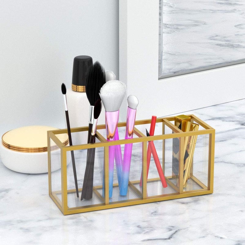 NIUBEE Acrylic Pen Holder 4 Compartments, Gold Copper Border Pencil Organizer Cup for Countertop Desk Accessory Storage - Image 4