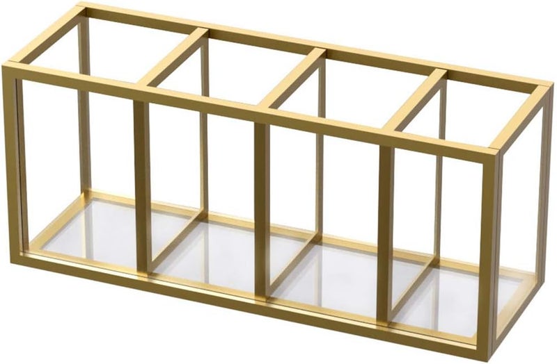 NIUBEE Acrylic Pen Holder 4 Compartments, Gold Copper Border Pencil Organizer Cup for Countertop Desk Accessory Storage - Image 1