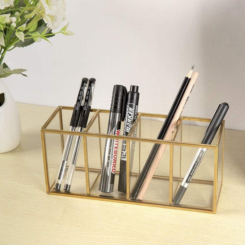 NIUBEE Acrylic Pen Holder 4 Compartments, Gold Copper Border Pencil Organizer Cup for Countertop Desk Accessory Storage - Image 5