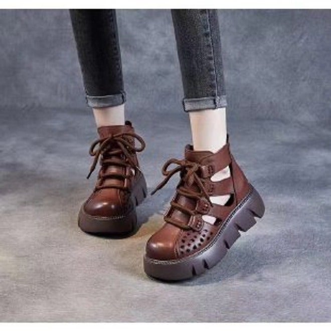 Mo Ren Xiang Women's Hollow-Out Platform Martin Boots - Retro High-Top Ankle Boots with Chunky Heel - Image 1