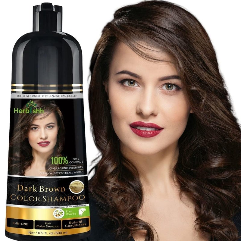 Herbishh Hair Color Shampoo Magic Dye for Gray Hair Lasting Color in Minutes 500 Ml 3In1 AmmoniaFree Dark Brown