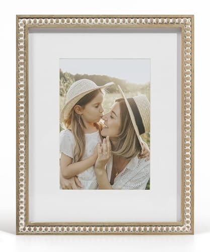 SUMGAR 8x10 Picture Frame Boho 5x7 Photo Frame with Mat Farmhouse White Wood Shabby Chic Wall Mounted Display for Birthday Wedding Friend Gifts for Christmas with Distressed Decorative Pine Beads - Image 1