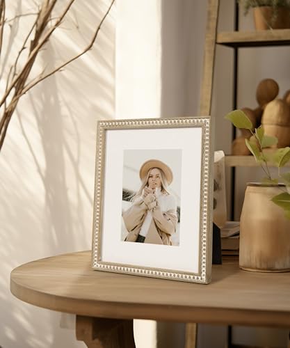 SUMGAR 8x10 Picture Frame Boho 5x7 Photo Frame with Mat Farmhouse White Wood Shabby Chic Wall Mounted Display for Birthday Wedding Friend Gifts for Christmas with Distressed Decorative Pine Beads - Image 3