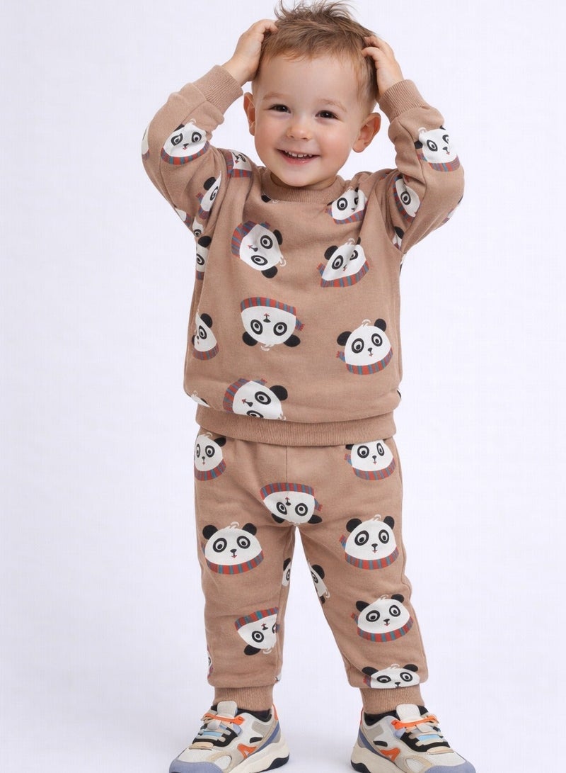 victor and jane Fashion Infant Set - All over Printed Sweatshirt and Jogger Set - LT Brown AOP - Image 1
