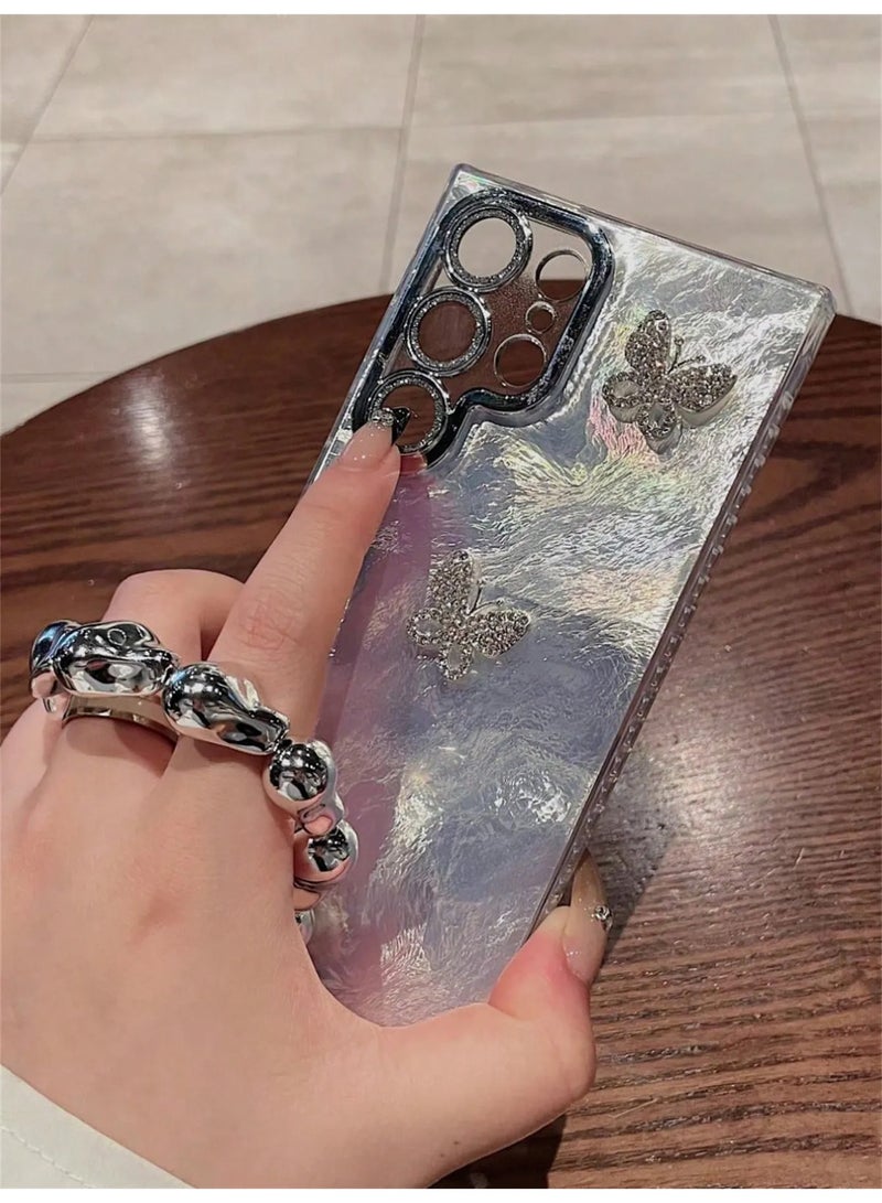 شي إن غطاء هاتف من القصدير اللامع المزخرف بالزركون إطار جناح الفراشة مصمم برقائق معدنية ليزر، ملمس لامع وغطاء خلفي محمي متوافق مع هواتف سامسونج جالاكسي S23 Ultra - Image 2