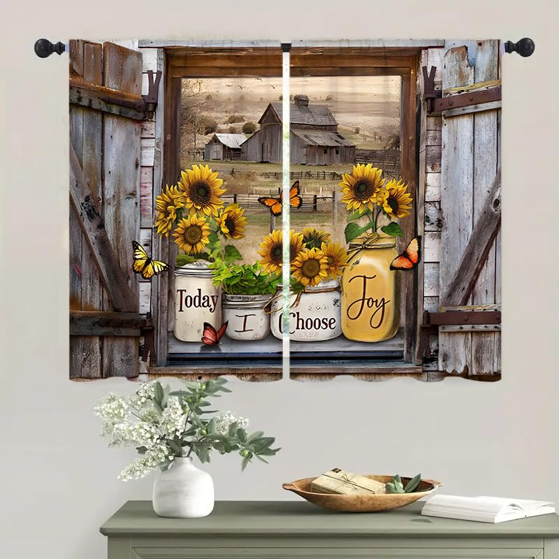 Famiffty Sunflower Vintage Country Kitchen Curtains 27.5W X 39L Inch 2 Panels Rod Pocket-Brown Old Barn Door Butterfly Short Cafe Tier Curtains-Wood Floral Bathroom Window Drapes Treatment Home Decor - Image 4