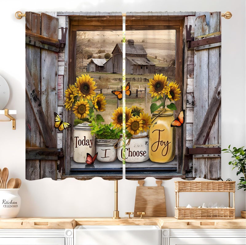 Famiffty Sunflower Vintage Country Kitchen Curtains 27.5W X 39L Inch 2 Panels Rod Pocket-Brown Old Barn Door Butterfly Short Cafe Tier Curtains-Wood Floral Bathroom Window Drapes Treatment Home Decor - Image 1
