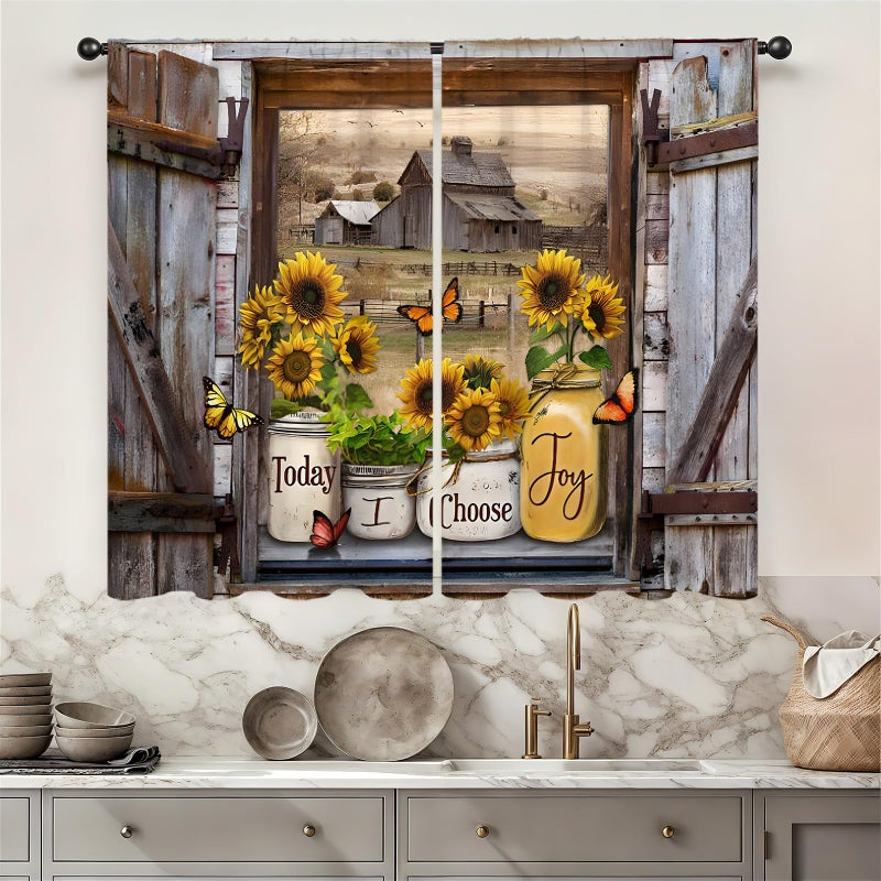 Famiffty Sunflower Vintage Country Kitchen Curtains 27.5W X 39L Inch 2 Panels Rod Pocket-Brown Old Barn Door Butterfly Short Cafe Tier Curtains-Wood Floral Bathroom Window Drapes Treatment Home Decor - Image 2